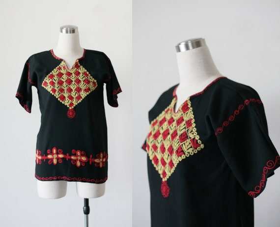 1960's Embroidered Blouse Black Top Folk Boho Shir