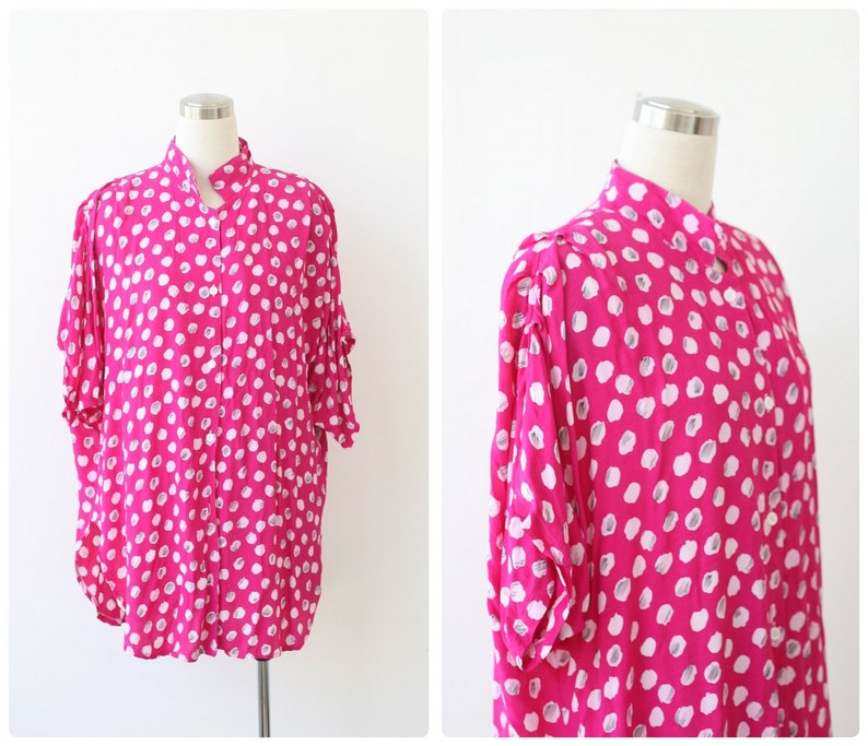 1980s Vintage Oversized Blouse Plus Size Fuchsia Pink Print Button Front Tunic Top XXL