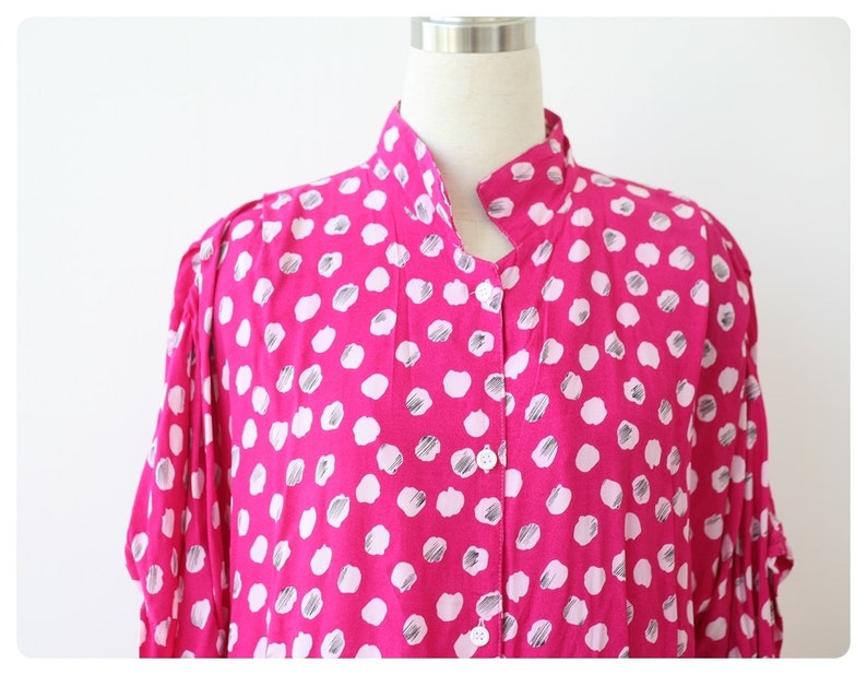 1980s Vintage Oversized Blouse Plus Size Fuchsia Pink Print Button Front Tunic Top XXL