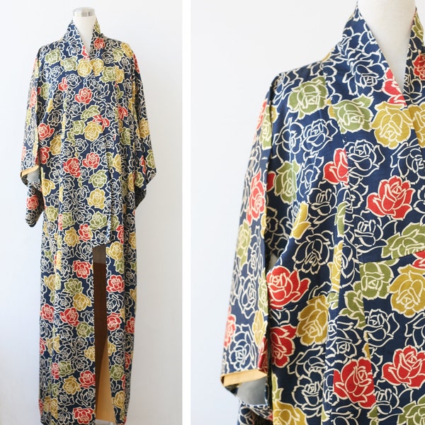 Vintage silk Kimono robe, Japanese mid-century floral kimono dressing gown