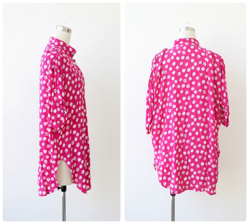 1980s Vintage Oversized Blouse Plus Size Fuchsia Pink Print Button Front Tunic Top XXL