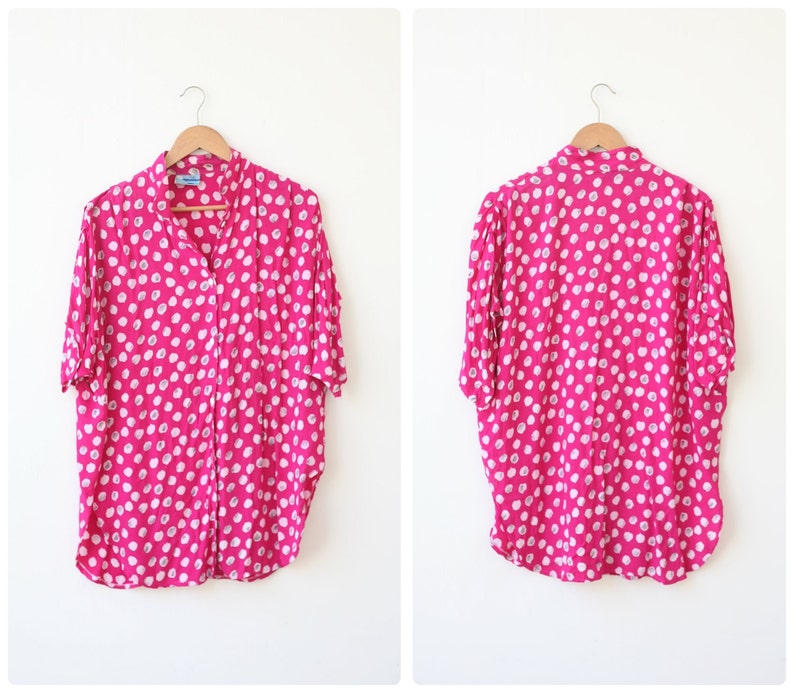 1980s Vintage Oversized Blouse Plus Size Fuchsia Pink Print Button Front Tunic Top XXL