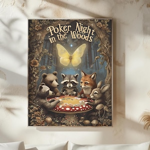 Impression Nuit de poker dans les bois - Art animalier fantaisiste de la forêt, cartes à jouer Lapin, raton laveur, renard, Table champignon en téléchargement numérique