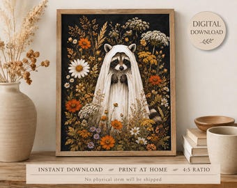 Digitaler Waschbärgeist in herbstlichen Wildblumen, skurrile Halloween-Druckvorlage
