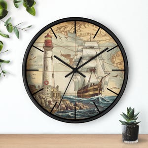 Vintage Nautical Wall Clock: Lighthouse & Tall Ship Coastal Decor