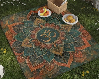 Manta de picnic de forro polar con diseño de mandala Om, manta de playa estilo boho para yoga.