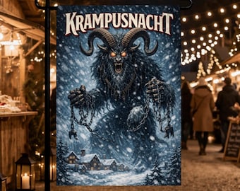 May include: A rectangular garden flag featuring the text KRAMPUSNACHT in white letters at the top. The illustration depicts a dark, furry, horned creature with glowing orange eyes holding metal chains, standing over a snowy village with pine trees.