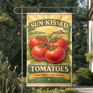 May include: A garden flag featuring a vintage illustration of ripe red tomatoes on a vine. The flag has the text "SUN-KISSED TOMATOES" with "FARM FRESH • VINE-RIPENED" below. The background shows a farm scene with a rising sun.