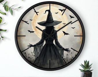 月の上で揺れるハロウィンコウモリと魔女のシルエット - 振り子付き