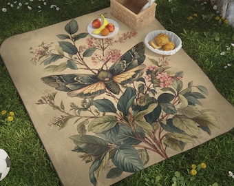 Vintage Botanical Moth Picnic Blanket, Cottagecore Beach Blanket