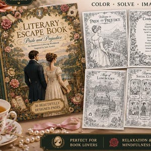 May include: A Literary Escape Book titled Pride and Prejudice, an immersive coloring workbook with 36 pages. The cover features a couple in period clothing, surrounded by floral borders. Included are black and white pages showing a map, contents, and social customs illustrations.