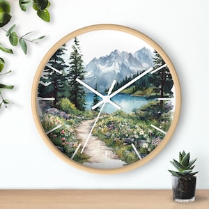 Mountain Landscape Wall Clock: Rustic Cabin Decor, Nature Lover Gift