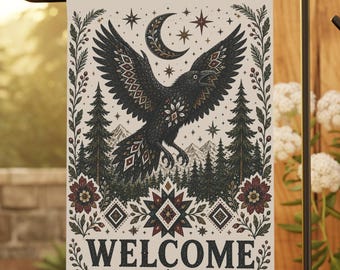 Bandera de jardín "Bienvenido Cuervo", decoración exterior de arte folclórico gótico