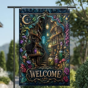 May include: A rectangular garden flag featuring a dark, ornate scene of a library with shelves of glowing glass bottles, a black cat, and a staircase. The word WELCOME is printed in gold lettering at the bottom, framed by colorful flowers and foliage.