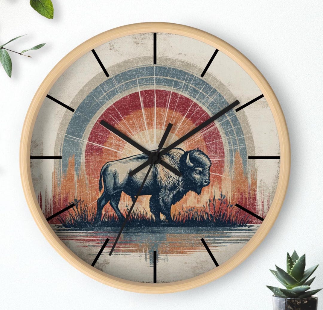 Clockwork Buffalo Retro Buffalo Sunset Wall Clock | Vintage Bison Art - Etsy