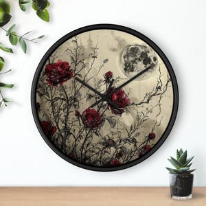 Gothic Rose Moon Wall Clock: Dark Floral Art, Romantic Decor