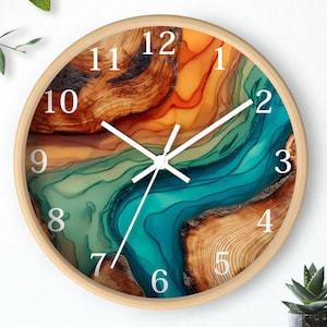 Resin Art Style Wall Clock, Teal and Amber Modern Wall Decor