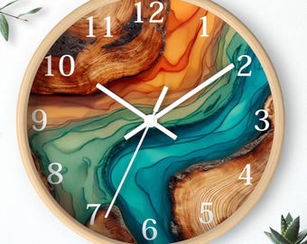 Resin Art Style Wall Clock, Teal and Amber Modern Wall Decor