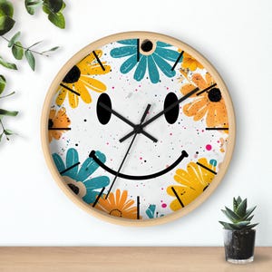 Cheerful Floral Wall Clock, Home Decor, Boho Vibes, Gift for Friends, Happiness Timer, Positive Vibes Clock, Happy Wall Art, Smile Face