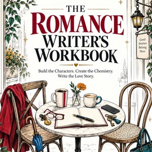 Op de afbeelding: Een boekomslag met de titel The Romance Writer's Workbook en de ondertitel Build the Characters. Create the Chemistry. Write the Love Story. De illustratie toont een ronde tafel met een open notitieboek, een pen, een bril, twee mokken en sleutels.