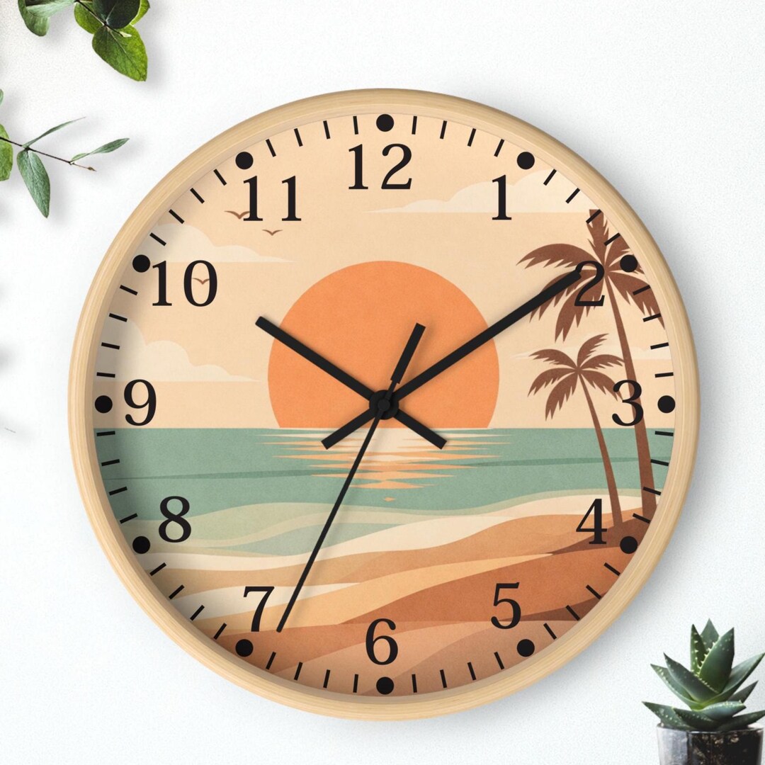 Sunset Beach Scene Wall Clock | Tropical Palm Ocean Coastal Decor - Etsy