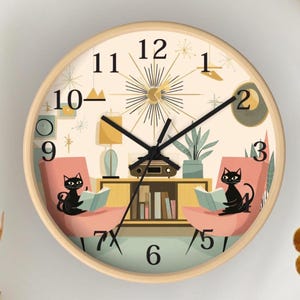 Reloj de pared con diseño de gato de mediados de siglo, reloj retro con gatos de lectura