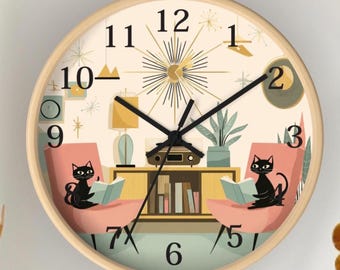 Mid Century Cat Wall Clock, Retro Reading Cats Clock