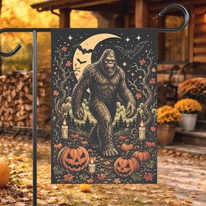 Bigfoot Halloween Garden Flag, Sasquatch Pumpkin Patch Yard Decor