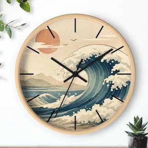 Hokusai Inspired Wave Wall Clock, Coastal Japandi Ocean Art