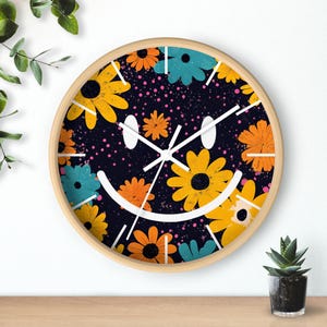 Smiley Face Flower Wall Clock – Colorful Happy Face Clock with Daisies | Retro Happy Wall Art | Groovy Aesthetic Decor, Housewarming Gift