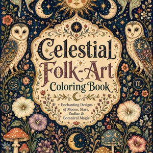 May include: A coloring book titled Celestial Folk-Art Coloring Book with a dark blue cover featuring a central sun, two owls, moths, mushrooms, flowers, and zodiac symbols. The text reads: Celestial Folk-Art Coloring Book, Enchanting Designs of Moons, Stars, Zodiac & Botanical Magic.