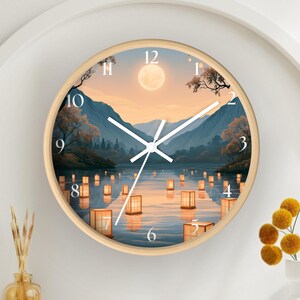 Lantern Moonlight Lake Wall Clock, Tranquil Mountain Lanterns