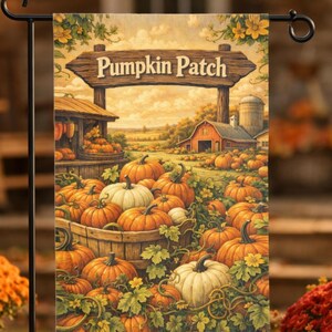 May include: A garden flag featuring a rustic scene of a pumpkin patch. The flag displays a wooden sign that reads "Pumpkin Patch" above a field of pumpkins, a barn, and a silo. The pumpkins are orange and white.