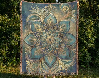 Manta tejida con mandala turquesa y dorado, manta decorativa estilo boho.