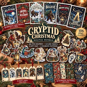 Può includere: Un pacchetto digitale di 106 grafiche PNG a tema Natale criptide, che include sei fronti di biglietti da 12,7x17,8 cm, sei etichette regalo e sei motivi continui. La collezione mostra illustrazioni di Bigfoot, alieni e creature mitiche.