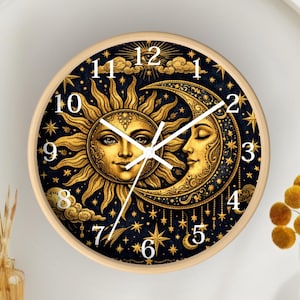 Celestial Sun Moon Clock, Astrology Wall Art, Vintage Cosmic Decor