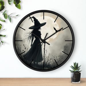 Witch Wall Clock – Gothic Halloween Decor with Moon & Bats | Spooky Witch Silhouette Clock | Dark Aesthetic Home Wall Art
