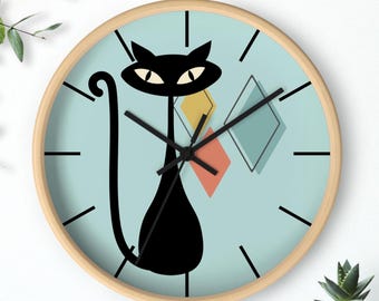 Mid-Century Black Cat Wall Clock | Retro Geometric Clock