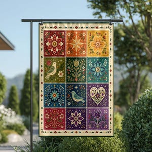 May include: A rectangular garden flag featuring a twelve-panel grid design with colorful folk-art motifs including stylized flowers, birds, stars, and hearts in shades of red, yellow, green, blue, and purple, all enclosed by a decorative border.