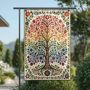 May include: A rectangular garden flag featuring a vibrant, symmetrical tree illustration with a rainbow color gradient from red at the top to purple at the bottom. The design includes intricate floral patterns, small birds, and star accents on a cream background.