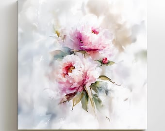 Cuadro de peonías rosadas impreso en lienzo: Regalo de arte botánico romántico y elegante