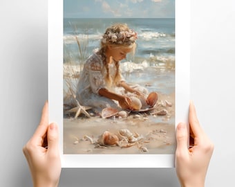 May include: A print of a young person on a beach, surrounded by seashells. The person is wearing a white dress and a flower crown, and is sitting on the sand near the ocean. The artwork has a soft, painterly style.