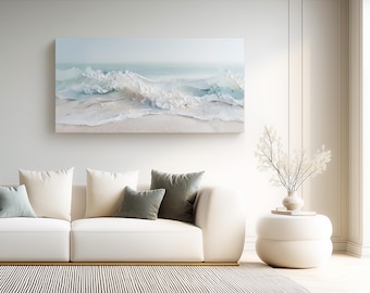 Può includere: Una stampa artistica da parete rettangolare che raffigura una scena oceanica panoramica con onde bianche che si infrangono, acqua azzurra e una spiaggia sabbiosa. L'opera presenta un effetto strutturato sulla superficie dell'acqua.