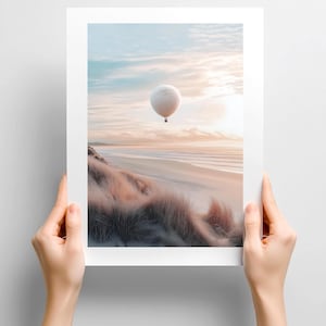 Coastal Dune Sunset Poster Print: Minimalist Beach Air Balloon Wall Art