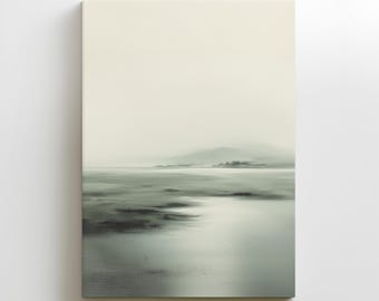 Minimalist Misty Landscape Painting Canvas Print: Calm Muted Boho Sage Cream Wall Art