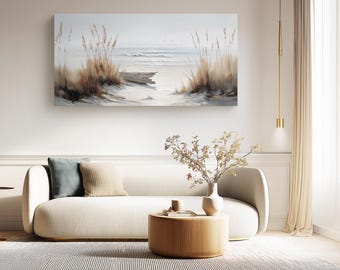 Seaside Neutral Ocean Canvas Print: Panoramic Sandy Beach Painting Print
