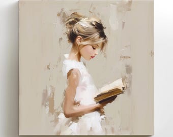 Girl Reading Book Painting Canvas Print: Neutral Boho Book Lover
