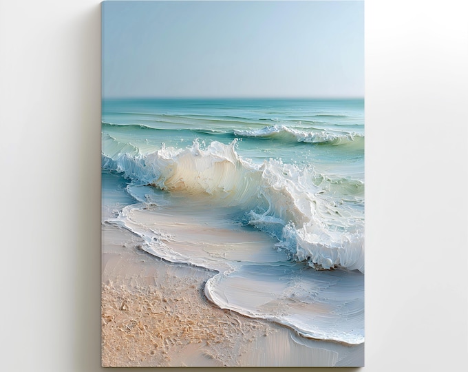 Coastal Wave Canvas Print: Large Panoramic Ocean Beach Painting Wall Art