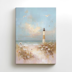 Lighthouse Beach Canvas Print: Coastal Wildflower Seascape Wall Art