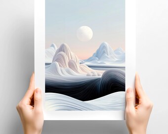 Poster besneeuwd abstract berglandschap: pastelroze en blauwe surrealistische kunst